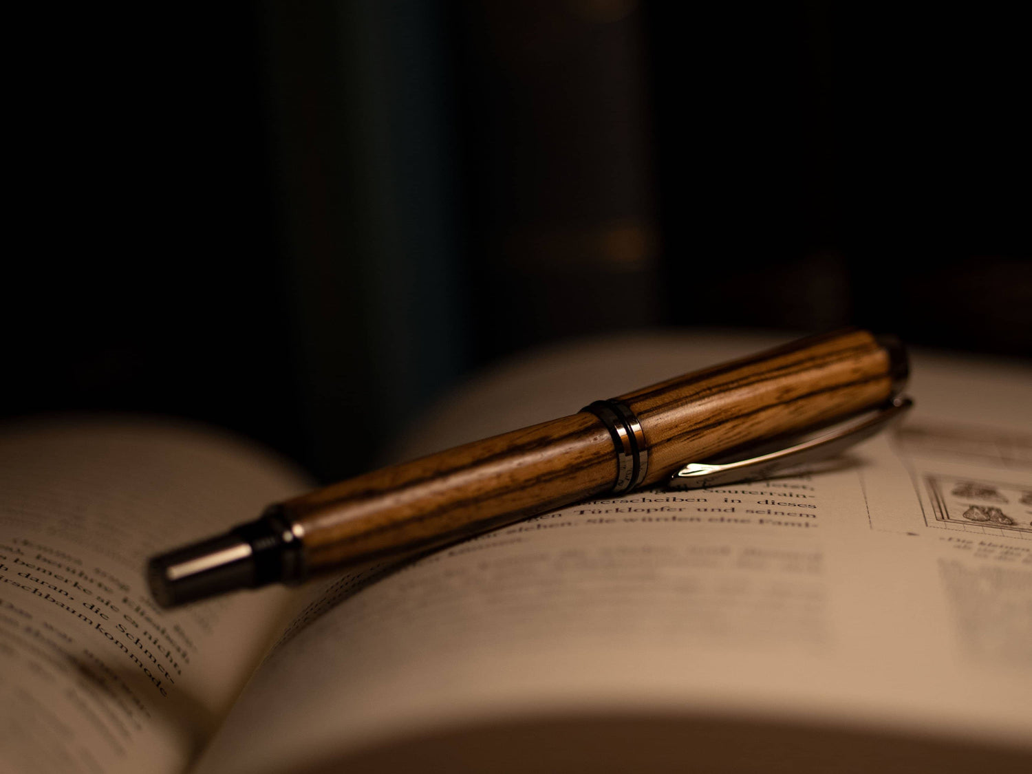 Caesal Füllfederhalter Zebrano, liegend auf Buch